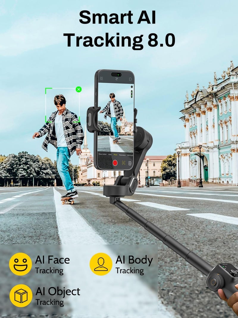 AOCHUAN 3-Axis Gimbal Stabilizer for iPhone, Smartphone Gimbal w/7.8" Extension Rod, OLED Display, Phone Stabilizer w/Face Tracking, Gesture Control, Video Record for iPhone & Android - Smart V8 Black - Image 4